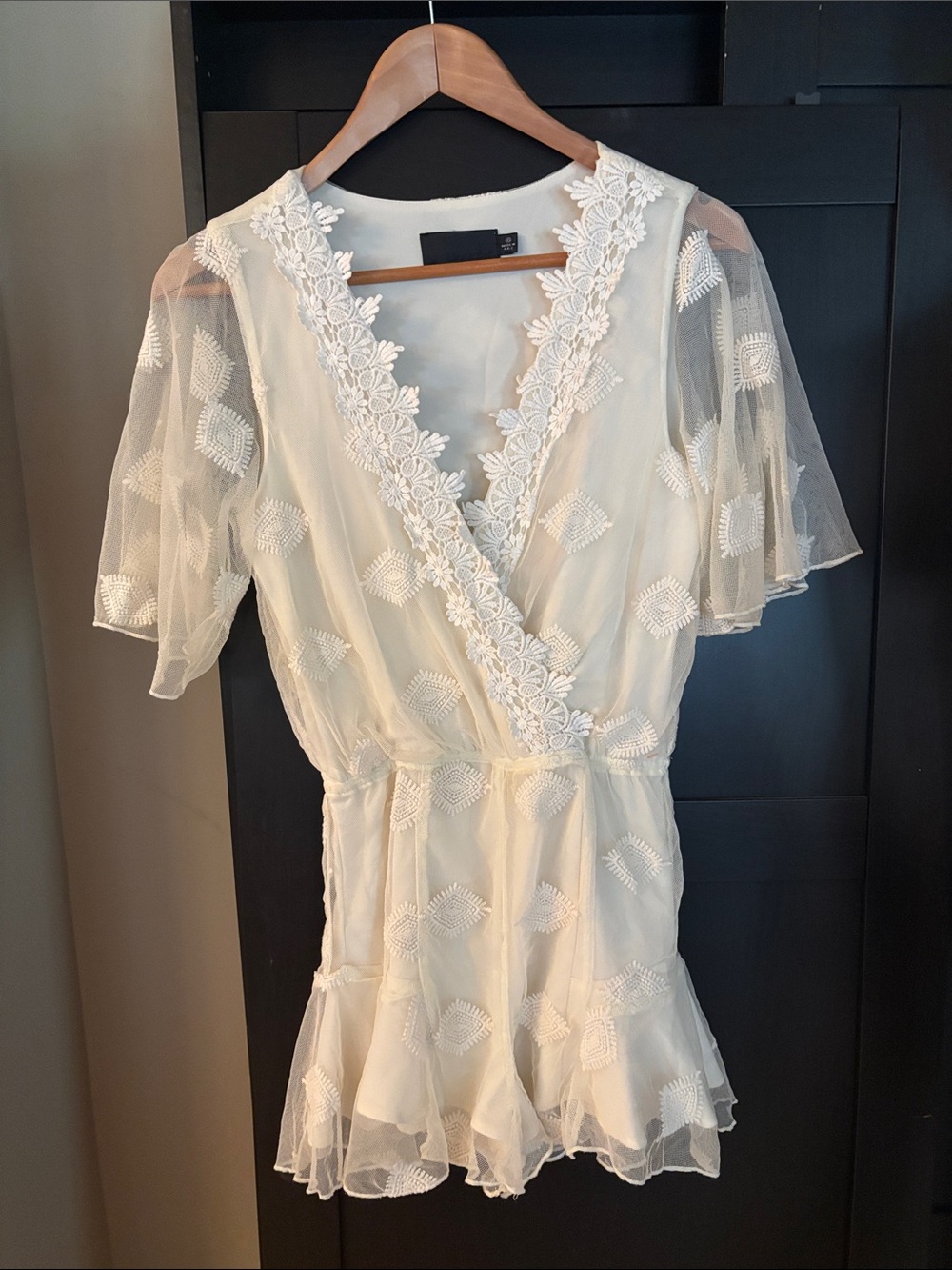 Line & Dot Ivory Lace-Trim Wrap Romper Dress